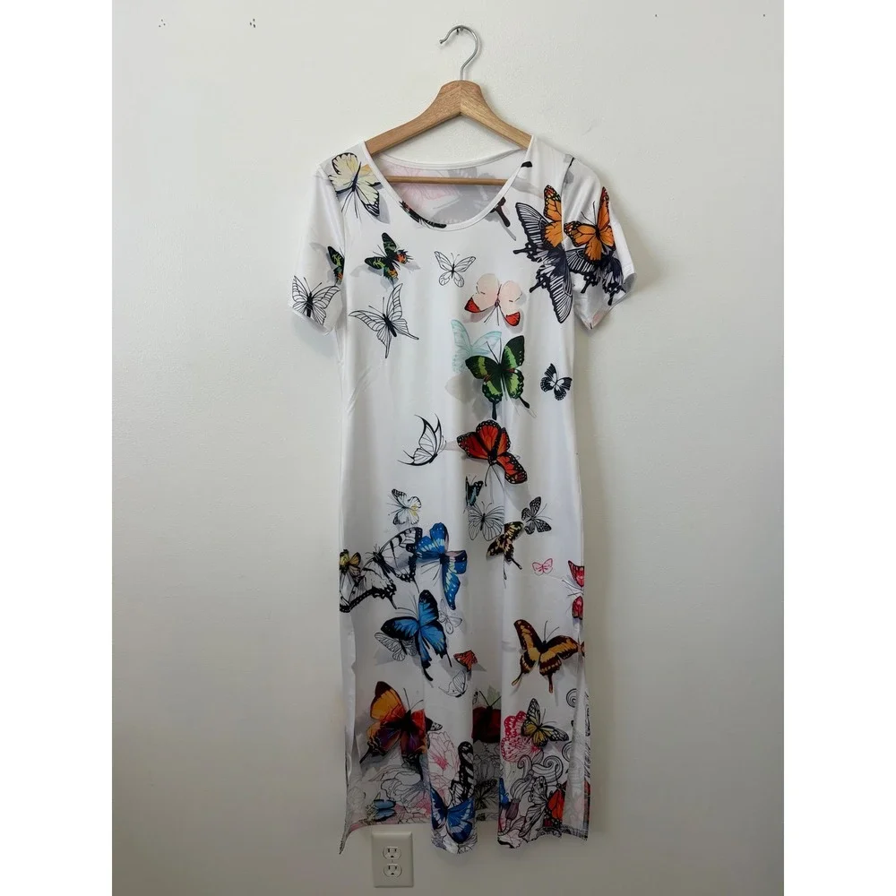 Women's White Dress with Butterfly Print & Side Slits – Size Small – NWOT - Picture 2 of 6